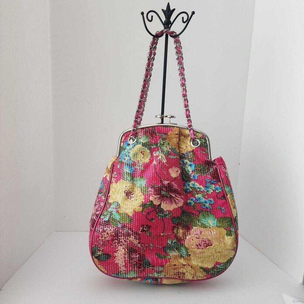 Hot Pink W /Sequins & Flowers Large Kiss Top Purse Double Chain Straps